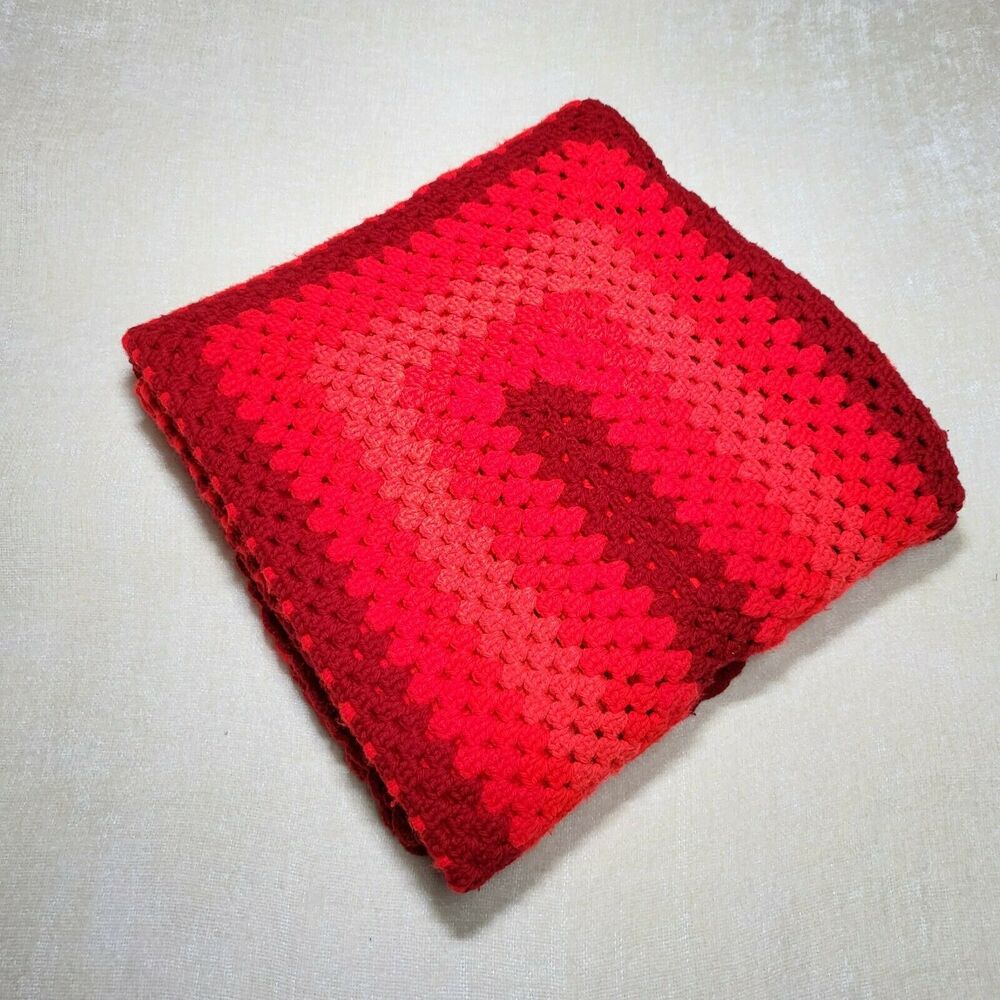 Vintage Handmade Afghan Blanket Granny Crochet Knit 64x49 Red